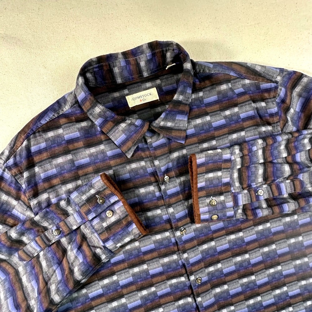 Comstock & Co Mens XL Blue Brown Geometric Block Stripe Cotton Button Down Shirt